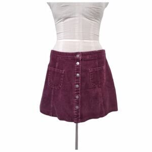 MELVILLE Corduroy Mini Skirt Wine Stretch Cord Button Snap Front Size L Indie